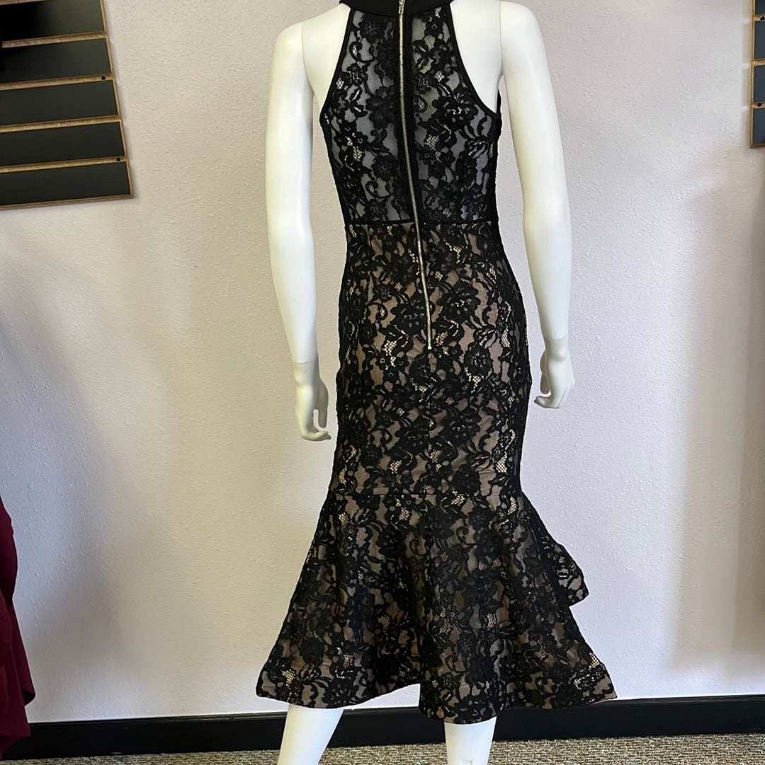 Black lace dress with beige underlay best sale