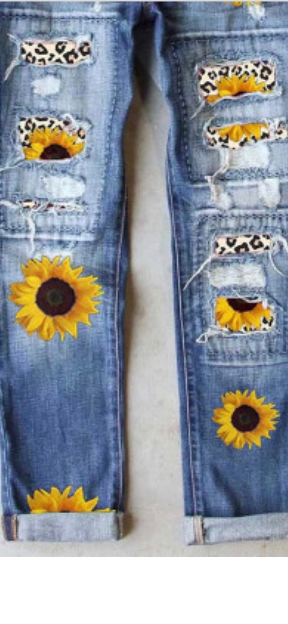 Sunflower Jeans with Leopard Print Patches Ripped Style Jeans